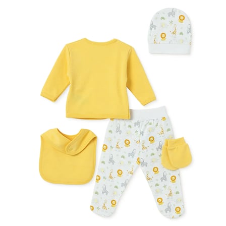 HelloBaby Erkek Bebek 5li Hastane Çıkışı Hayvan Baskılı Çıtçıtlı Zarf Yaka Long Sleeve Patikli