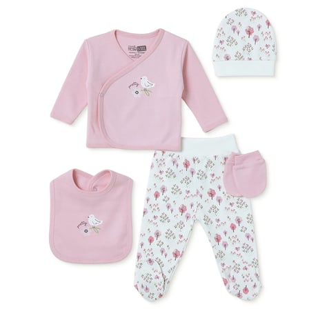 HelloBaby Kız Bebek 5li Hastane Çıkışı Dinozor Baskılı Çıtçıtlı Zarf Yaka Long Sleeve Patikli