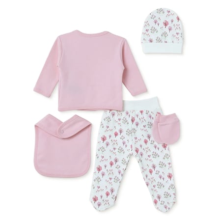 HelloBaby Kız Bebek 5li Hastane Çıkışı Dinozor Baskılı Çıtçıtlı Zarf Yaka Long Sleeve Patikli