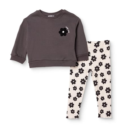HelloBaby Kız Bebek Sweatshirt-Tayt Çiçek Baskılı Bisiklet Yaka Long Sleeve Reçme