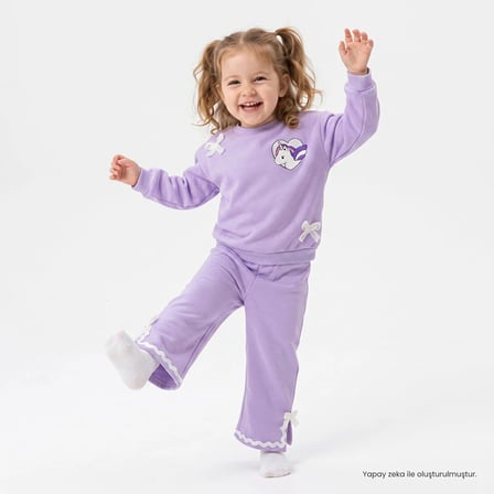HelloBaby Kız Bebek Bluz-Pantolon Unicorn Baskılı Bisiklet Yaka Long Sleeve Reçme