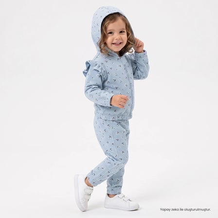 HelloBaby Kız Bebek Eşofman Takımı Çiçek Baskılı Fermuarlı Kapüşonlu Long Sleeve Lastikli