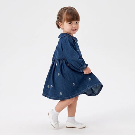HelloBaby Kız Bebek Elbise Çiçek Baskılı Düğmeli Bebe Yaka Long Sleeve