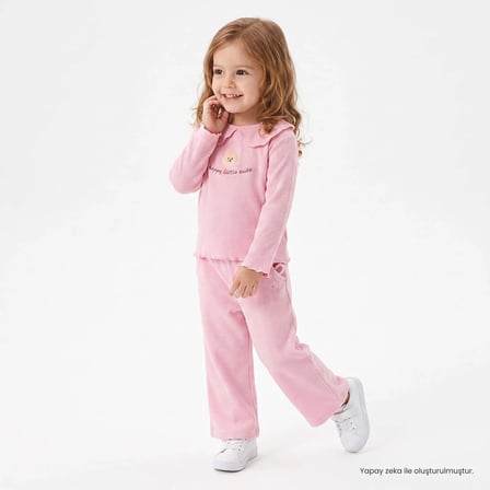 HelloBaby Kız Bebek Bluz-Pantolon Tavşan Baskılı Düğmeli Bebe Yaka Long Sleeve Reçme