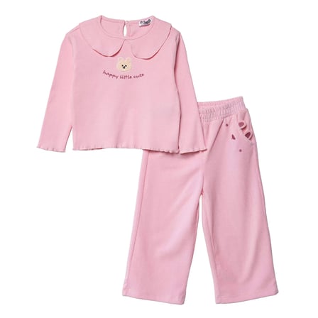 HelloBaby Kız Bebek Bluz-Pantolon Tavşan Baskılı Düğmeli Bebe Yaka Long Sleeve Reçme