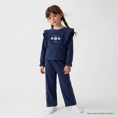HelloBaby Kız Bebek Bluz-Pantolon Çiçek Baskılı Bisiklet Yaka Long Sleeve Reçme