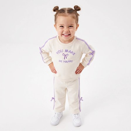 HelloBaby Kız Bebek Eşofman Takımı Fiyonk Baskılı Bisiklet Yaka Long Sleeve Reçme