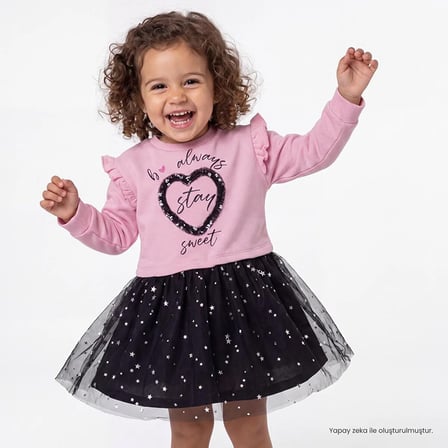 HelloBaby Kız Bebek Elbise Yazı Baskılı Bisiklet Yaka Long Sleeve
