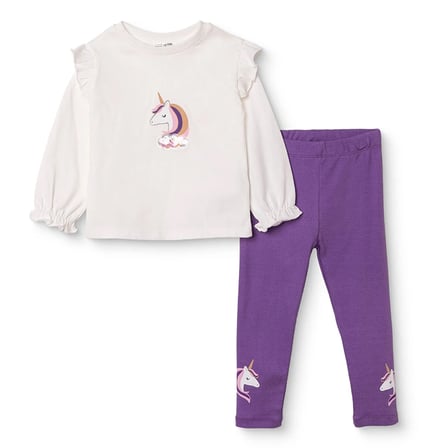 HelloBaby Kız Bebek Bluz-Pantolon Unicorn Baskılı Bisiklet Yaka Long Sleeve Reçme
