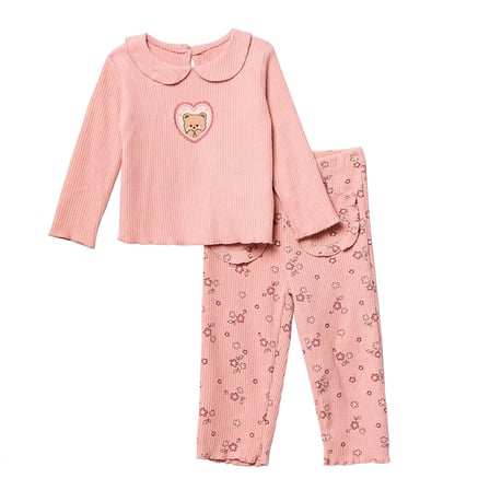 HelloBaby Kız Bebek Bluz-Tayt Ayı Baskılı Düğmeli Bebe Yaka Long Sleeve Reçme