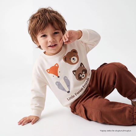 HelloBaby Erkek Bebek Eşofman Takımı Hayvan Baskılı Bisiklet Yaka Long Sleeve Lastikli
