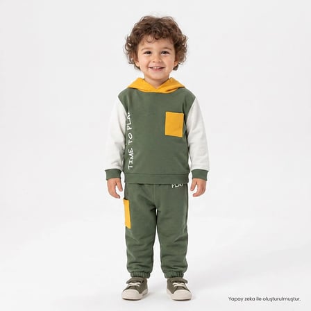 HelloBaby Erkek Bebek Eşofman Takımı Slogan Baskılı Bağcıklı Kapüşonlu Long Sleeve Lastikli