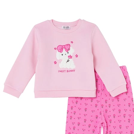 HelloBaby Kız Bebek Eşofman Takımı Tavşan Baskılı Bağcıklı Bisiklet Yaka Long Sleeve Reçme