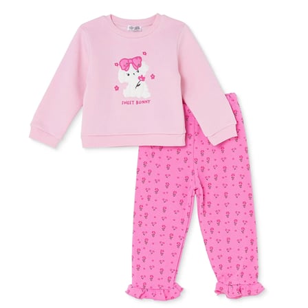 HelloBaby Kız Bebek Eşofman Takımı Tavşan Baskılı Bağcıklı Bisiklet Yaka Long Sleeve Reçme