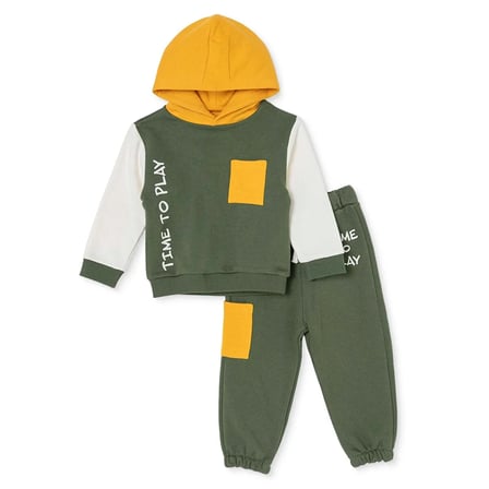 HelloBaby Erkek Bebek Eşofman Takımı Slogan Baskılı Bağcıklı Kapüşonlu Long Sleeve Lastikli
