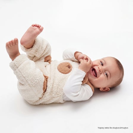 HelloBaby Erkek Bebek Salopet-Sweatshirt Ayı Baskılı Düğmeli Bisiklet Yaka Long Sleeve Patiksiz