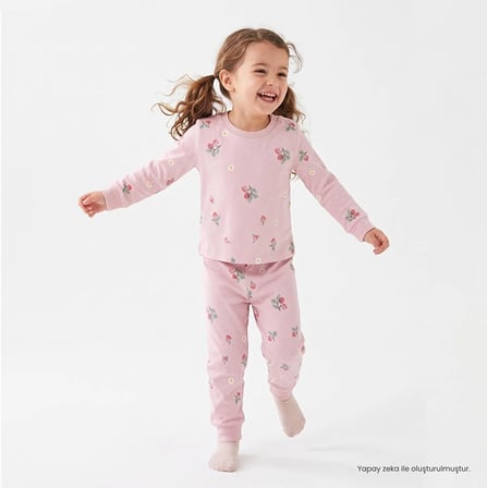 HelloBaby Kız Bebek Pijama Takımı Çiçek Baskılı Çıtçıtlı Bisiklet Yaka Long Sleeve Ribanalı