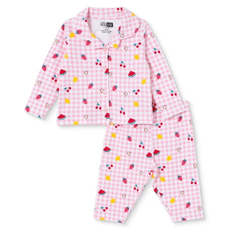 Hellobaby Kız Bebek Pijama Takımı Meyve Baskılı Düğmeli Gömlek Yaka Long Sleeve Reçme
