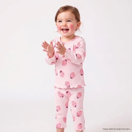 HelloBaby Kız Bebek Pijama Takımı Çilek Baskılı Çıtçıtlı Bisiklet Yaka Long Sleeve Reçme