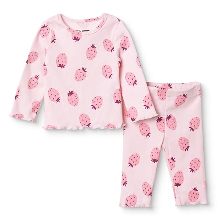 HelloBaby Kız Bebek Pijama Takımı Çilek Baskılı Çıtçıtlı Bisiklet Yaka Long Sleeve Reçme
