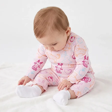 HelloBaby Kız Bebek Pijama Takımı Hayvan Baskılı Çıtçıtlı Bisiklet Yaka Long Sleeve Reçme