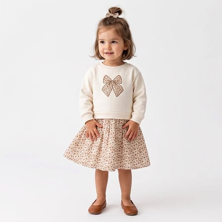 HelloBaby Kız Bebek Elbise Fiyonk Baskılı Bisiklet Yaka Long Sleeve