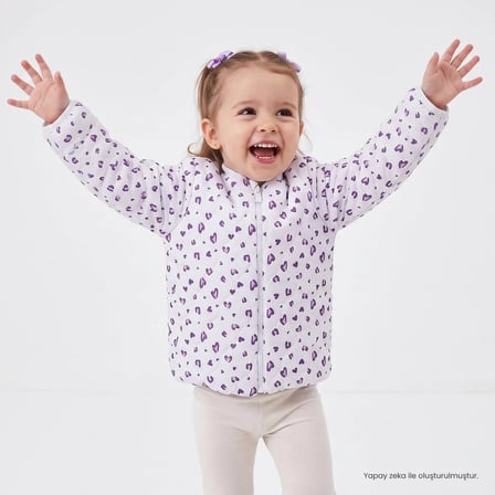 HelloBaby Kız Bebek Ceket Kalp Baskılı Fermuarlı Bisiklet Yaka Long Sleeve