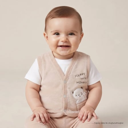 Bebetto Erkek Bebek Yelek Ayı Baskılı Çıtçıtlı V Yaka Short Sleeve