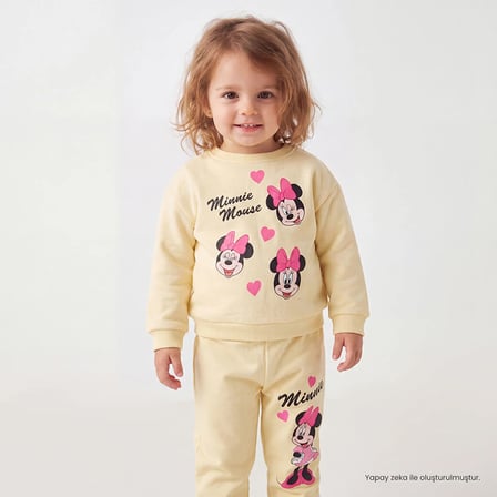 Disney Kız Bebek Lisans Eşofman Takımı Lisans Baskılı Bisiklet Yaka Long Sleeve Ribanalı