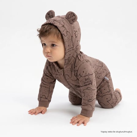 Bebetto Erkek Bebek Tulum Hayvan Baskılı Fermuarlı Kapüşonlu Long Sleeve Patiksiz