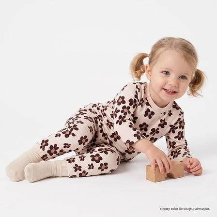 HelloBaby Kız Bebek Pijama Takımı Çiçek Baskılı Çıtçıtlı Bisiklet Yaka Long Sleeve Ribanalı