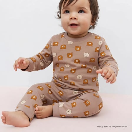 HelloBaby Erkek Bebek Pijama Takımı Hayvan Baskılı Çıtçıtlı Bisiklet Yaka Long Sleeve Ribanalı