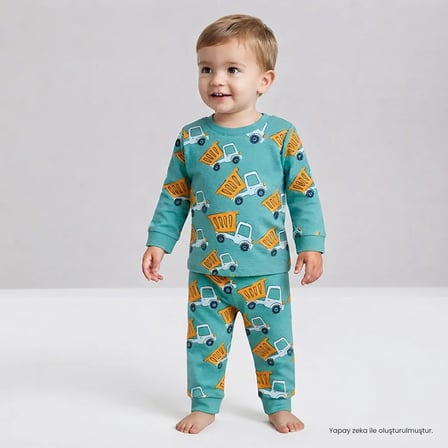 HelloBaby Erkek Bebek Pijama Takımı Araba Baskılı Çıtçıtlı Bisiklet Yaka Long Sleeve Ribanalı