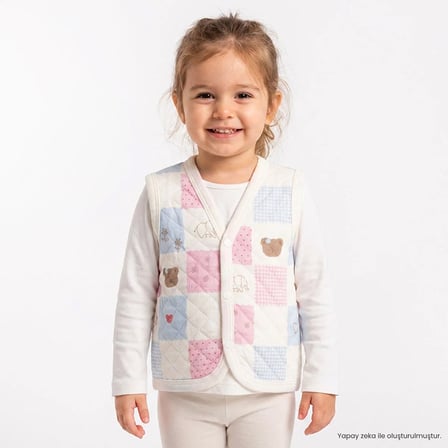HelloBaby Kız Bebek Kapitone Yelek Ayı Baskılı Çıtçıtlı V Yaka Sleeveless
