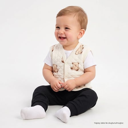 HelloBaby Erkek Bebek Kapitone Yelek Ayı Baskılı Çıtçıtlı V Yaka Sleeveless
