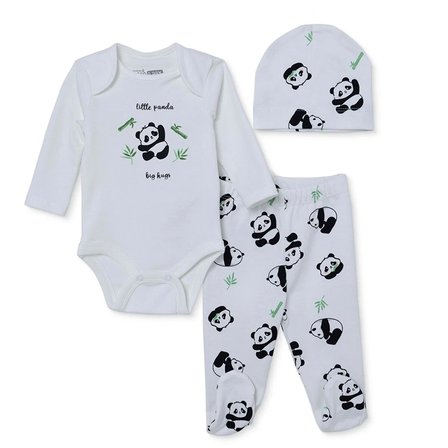 HelloBaby Erkek Bebek Body-Alt-Şapka Panda Baskılı Çıtçıtlı Bisiklet Yaka Long Sleeve Patikli