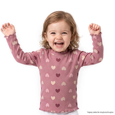 HelloBaby Kız Bebek Tişört Kalp Baskılı Bisiklet Yaka Long Sleeve