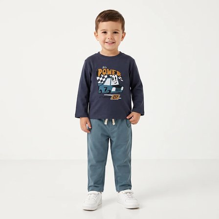 HelloBaby Erkek Bebek Tişört-Pantolon Araba Baskılı Düğmeli Bisiklet Yaka Long Sleeve Reçme