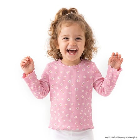 HelloBaby Kız Bebek Tişört Çiçek Baskılı Bisiklet Yaka Long Sleeve