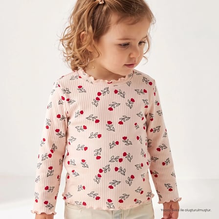 HelloBaby Kız Bebek Tişört Çiçek Baskılı Bisiklet Yaka Long Sleeve
