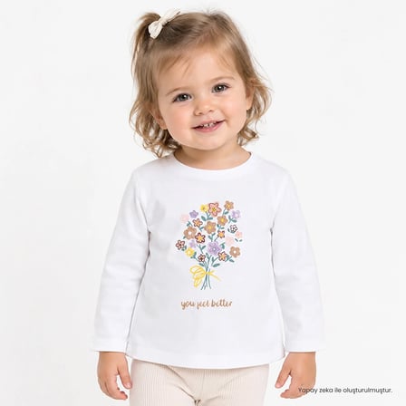 HelloBaby Kız Bebek Tişört Çiçek Baskılı Bisiklet Yaka Long Sleeve