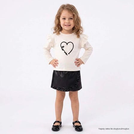 HelloBaby Kız Bebek Bluz-Şort Kalp Baskılı Bisiklet Yaka Long Sleeve Reçme