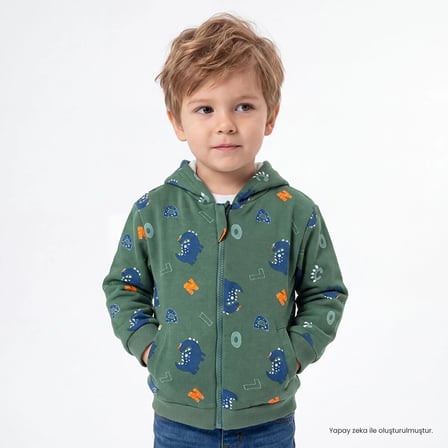 HelloBaby Erkek Bebek Kapüşonlu Hırka Hayvan Baskılı Fermuarlı Kapüşonlu Long Sleeve