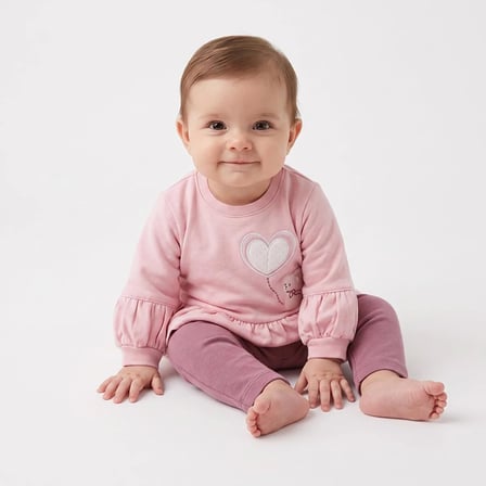 Bebetto Kız Bebek Sweatshirt-Alt Kalp Baskılı Çıtçıtlı Bisiklet Yaka Long Sleeve Patiksiz