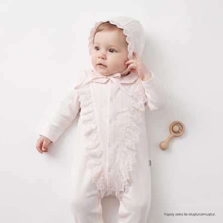 Bebetto Kız Bebek Tulum-Body-Şapka Çıtçıtlı Fırfırlı Yaka Long Sleeve Patikli