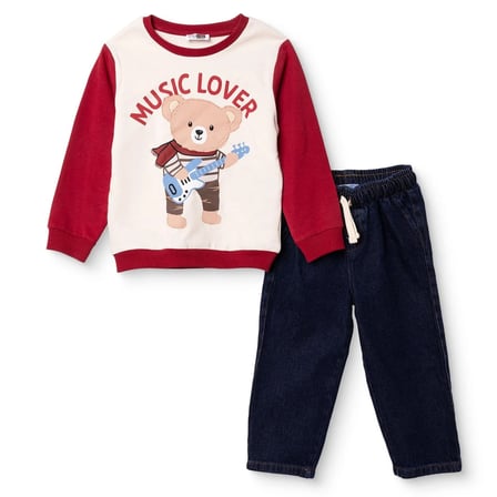 HelloBaby Erkek Bebek Sweatshirt-Pantolon Yeniyıl Baskılı Bisiklet Yaka Long Sleeve Lastikli