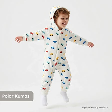 HelloBaby Erkek Bebek Polar Tulum Araba Baskılı Fermuarlı Kapüşonlu Long Sleeve Ribanalı