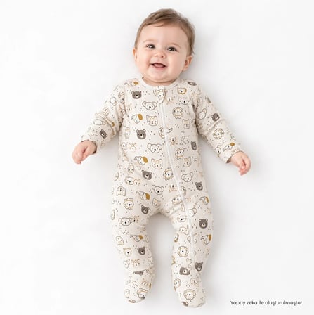 HelloBaby Erkek Bebek Tulum Ayı Baskılı Bisiklet Yaka Fermuarlı Uzun Kol Uzun Paça