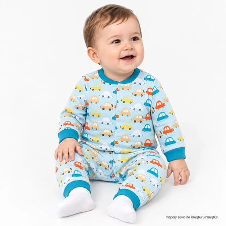 HelloBaby Erkek Bebek Tulum Araba Baskılı Bisiklet Yaka Çıtçıtlı Uzun Kol Uzun Paça