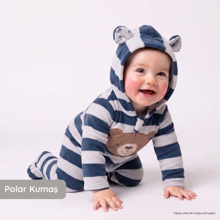 HelloBaby Erkek Bebek Polar Tulum Hayvan Baskılı Kapüşonlu Fermuarlı Uzun Kol Uzun Paça